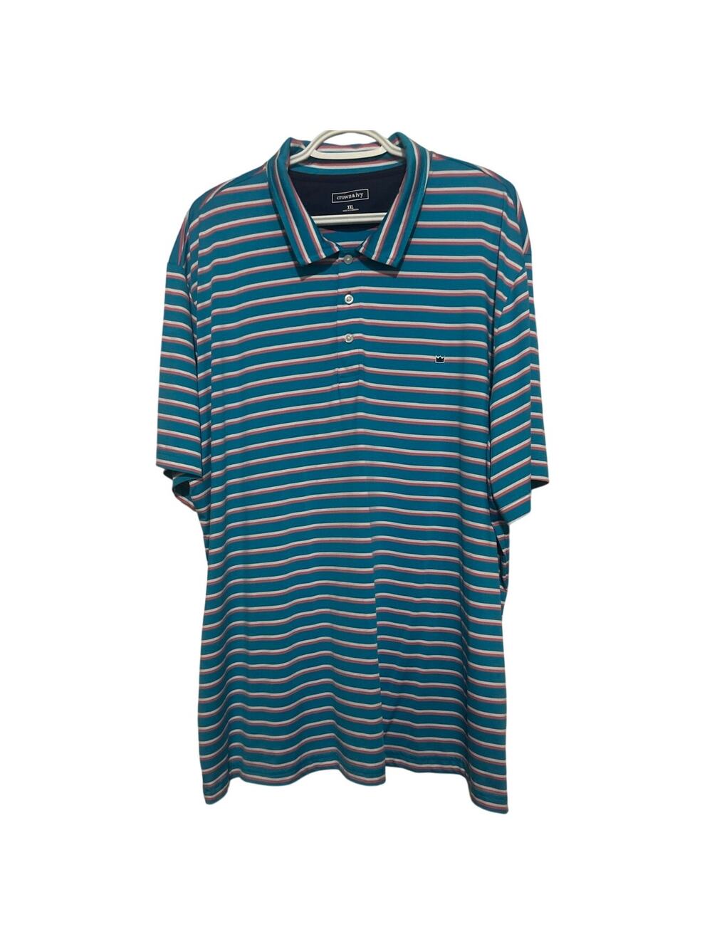 Crown & Ivy Blue Pink White Stripe Short Sleeve Polo Quarter Button‎ Size XXL